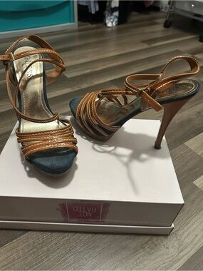 Guess Tan Strappy High Heel Sandals with Blue Insole